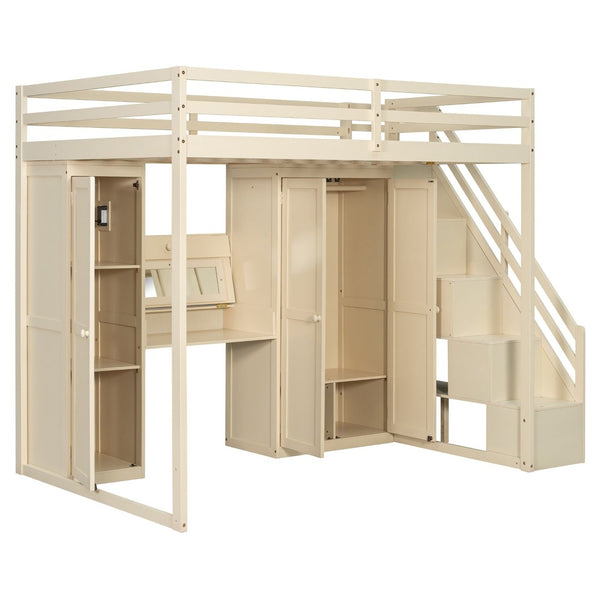 English Elm Full Size Loft Bed with Wardrobe Dressing Mirror Usb Ports and Teen Room Storage LT000276AAA