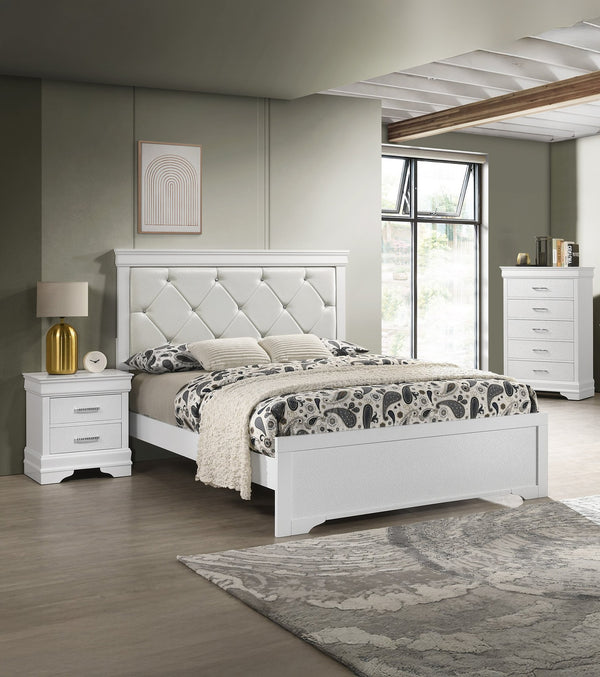 English Elm 1pc Modern Glam Two-Drawer Nightstand 21.65"x15.75"x23.7" Solid Wood White with Crystal Accents B011P304434