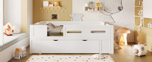 English Elm Wood Twin Platform Bed for Kids with Fence Guardrail and Under Storage Drawer White N709P385776K