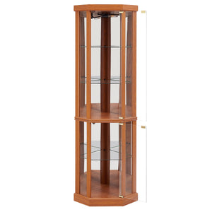 English Elm Lighted Corner Curio Cabinet - Stylish Dark Oak Display Case With Adjustable Shelves & Built-In Lighting W1758P300103