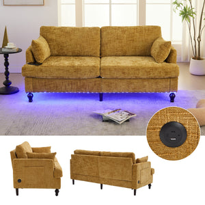 English Elm Modern chenille 2-seater sofa with LED lighting, USB charging, storage pocket, sturdy wood legs Mustard yellow W395P318542