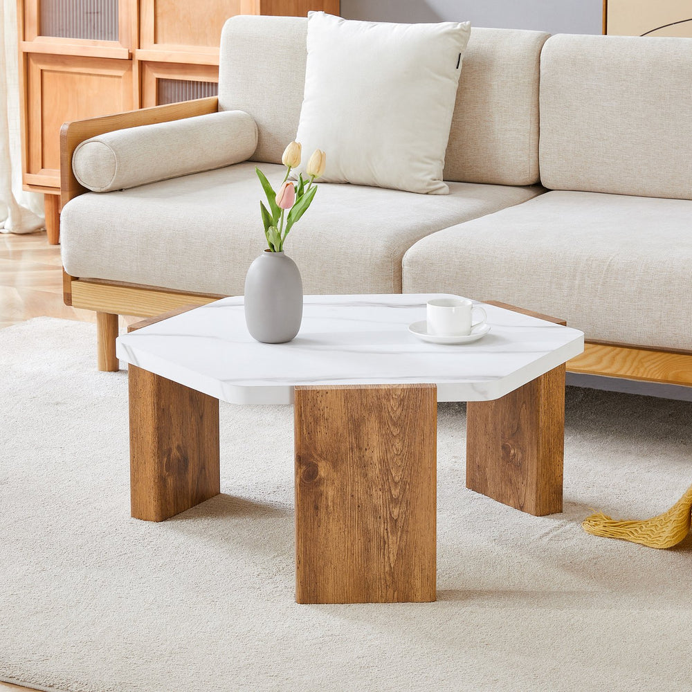 English Elm 31-inch pentagonal coffee table with white marble top and log-style base, modern versatile decor (31") W2920P294340