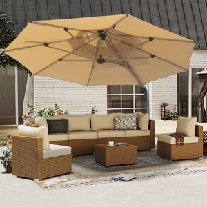 English Elm Round Cantilever Umbrella with Center Pole - 9-Rib Reinforced Aluminum Frame, 360° Pedal Rotate, Hydraulic Opening and 5-Position Tilt Adjustment for Superior Sun Protection Beige W1859P337923