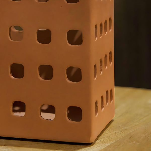 English Elm Lupa Terracotta Square Lantern with Metal Handle — Large Eco-Friendly Clay Lantern for Warm Ambient Light B346P369788