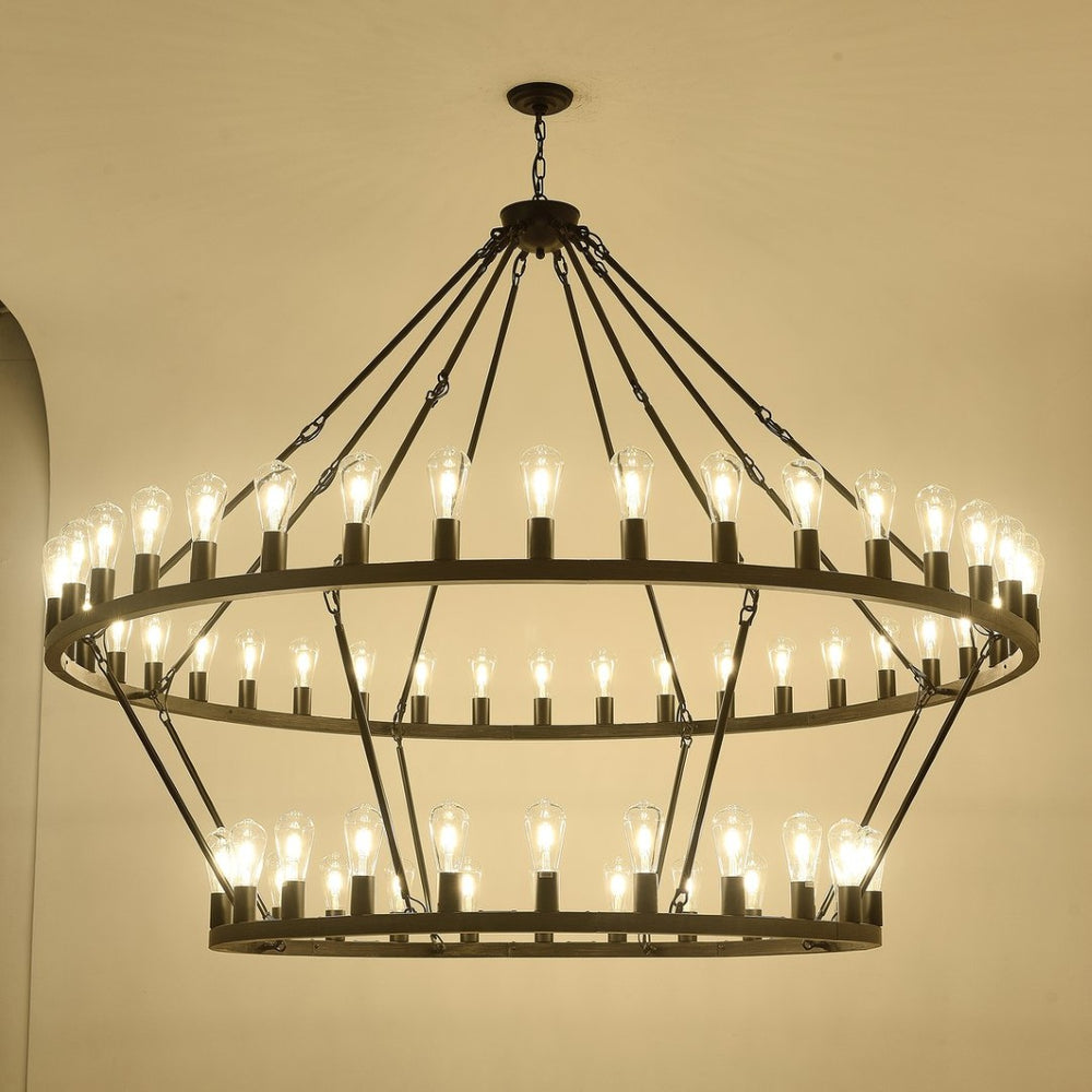 English Elm 59.06 Inch Matte Black Wagon Wheel Chandelier 54 Light Farmhouse Grand Entryway W5008P389266