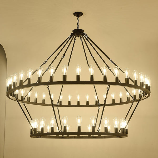 English Elm 59.06 Inch Matte Black Wagon Wheel Chandelier 54 Light Farmhouse Grand Entryway W5008P389266