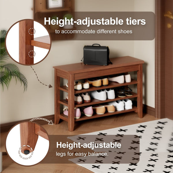English Elm Adjustable Solid Rubberwood Storage Bench with Hidden Compartment for Entryway or Bedroom W2987P337970