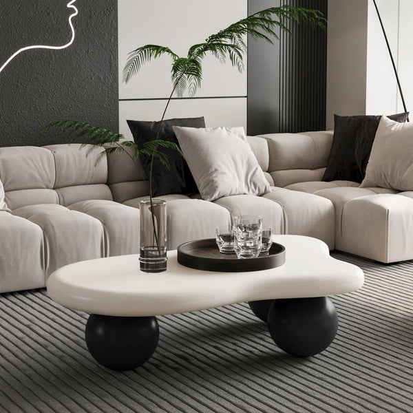 English Elm 40 Inch Cloud Shaped Mdf Coffee Table with Ball Legs Sculptural Modern Living Room W1435S00022
