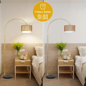 English Elm Arc Rattan Arc Floor Lamp with Remote & Dimmable LED, Height Adjustable, Boho Farmhouse Glow Brown+Gold W2738P227439