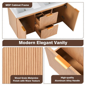 English Elm [video]47.24 Inch Floating Double Sink Vanity Mdf Cabinet Gold Handles Modern Bath N729P000025N