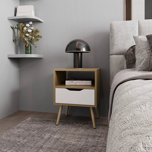 English Elm Natural Oak and White Scandinavian Nightstand with Drawer Cut-Out, Open Shelf & Angled Legs for Cozy Storage B062P303913