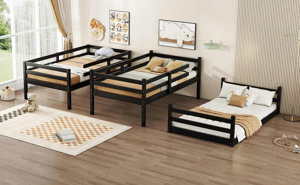 English Elm Triple Rubber Wood Bunk Bed with Built-In Ladders and Guardrails Maximizes Space for Families, Durable Design Black W504S00177