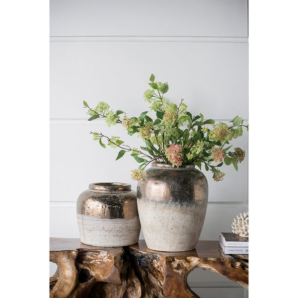 English Elm 13x13x11" Round Sienna Brown Ceramic Accent Vase with Metallic Sheen Distressed Finish for Shelves W2078P310229