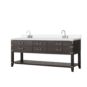 English Elm Brown Oak Double Bath Vanity With White Quartz Top, Soft-Close Drawers, Faucet Set Included, 80" W B2731P260339