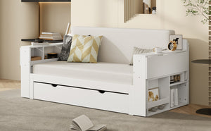 English Elm Full Size Daybed with Hydraulic Desk Armrests Storage Drawer and Sofa Seating White LT000271AAK