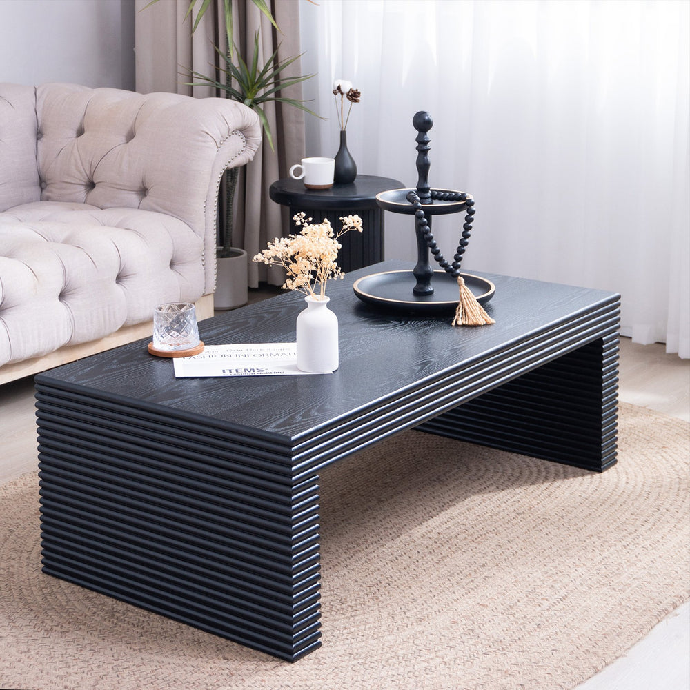 English Elm 47.6" Black Ribbed Coffee Table — 47.6" Rectangular Low-Profile Center Table, Textured Modern Style W2729P309446