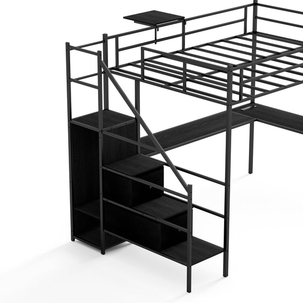 English Elm Full Metal Loft Bed with L-Shaped Desk, RGB LED Lights, Charging Cradle, Wardrobe & Drawers Black W1162S00014
