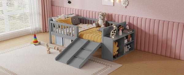 English Elm Twin Low Loft Bed for Kids with Slide Climbing Structure and Movable Bookshelf W2593P457237