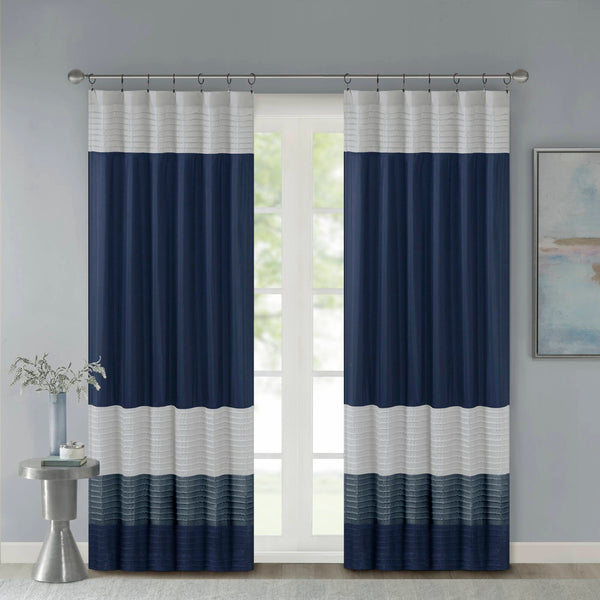JLA Home Madison Park - Polyoni Pintuck Curtain Panel with Modern Stripes, Fully Lined Drapery for Privacy and Soft Light Navy MP40-2225