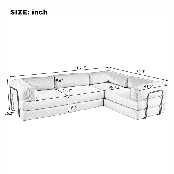 English Elm U_style Modular Corduroy Sectional Sofa Converts to Guest Bed for Apartment Living Beige WY000463AAA