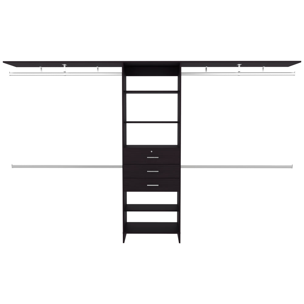 English Elm Plego Adjustable 69"–118" Closet System in Black Wengue with 5 Shelves, 4 Rods & 3 Drawers - MDF B200S00420