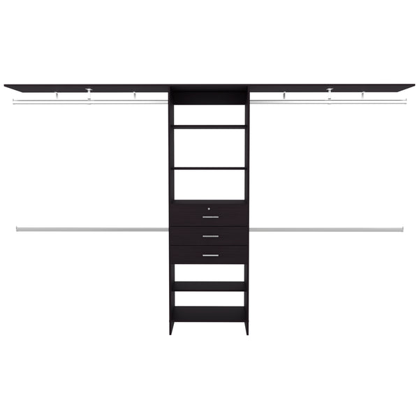 English Elm Plego Adjustable 69"–118" Closet System in Black Wengue with 5 Shelves, 4 Rods & 3 Drawers - MDF B200S00420