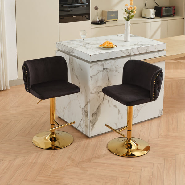 English Elm A&A Luxe Velvet Swivel Barstool with Gold-Plated 17.7" Base, Tufted Back, Ergonomic Waist Support Black W1143P204044