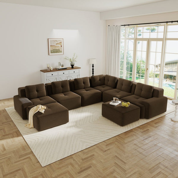 English Elm Modular Corduroy Sectional Sofa 6 Seat V Shaped Corner Couch with Ottomans Living Room Brown W714S01578