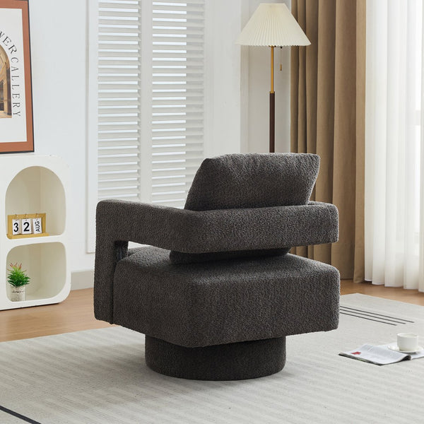 English Elm 29.13" Swivel Accent Chair — Modern Bouclé Rotating Lounge Chair with Removable Cushion, Solid Wood Frame, Cozy Design Charcoal W1852P211992