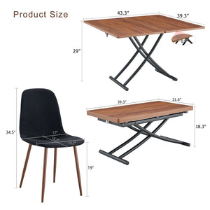 English Elm Table And Chair Set - Modern Adjustable Lift-Top Design, Walnut Mdf With Black Metal Legs & 4 Chairs W1151S03776-GIGA