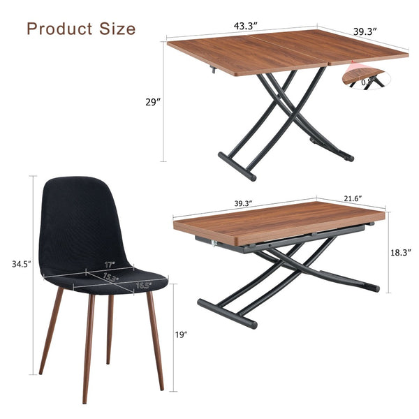 English Elm Table And Chair Set - Modern Adjustable Lift-Top Design, Walnut Mdf With Black Metal Legs & 4 Chairs W1151S03776-GIGA