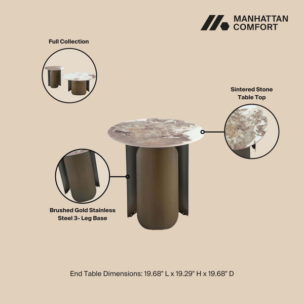 English Elm Monica Sintered Stone End Table with Bronze Gold Stainless Steel Base, 19.7" Round Top, Modern Elegance B365S00101