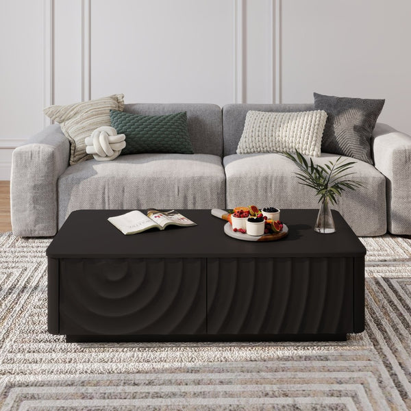 English Elm 47'' Spiral Grain Coffee Table Two Drawer Storage Mid Century Farmhouse Living Room Black W2263P412382