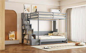 English Elm Full Over Murphy Bunk Bed with Hydraulic Lift Desk and Staircase Storage Gray LP200698AAE