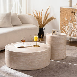 English Elm Round Amber Marble Texture Drum Side Table Compact Mdf Accent for Bedroom or Living Room W3081P255159