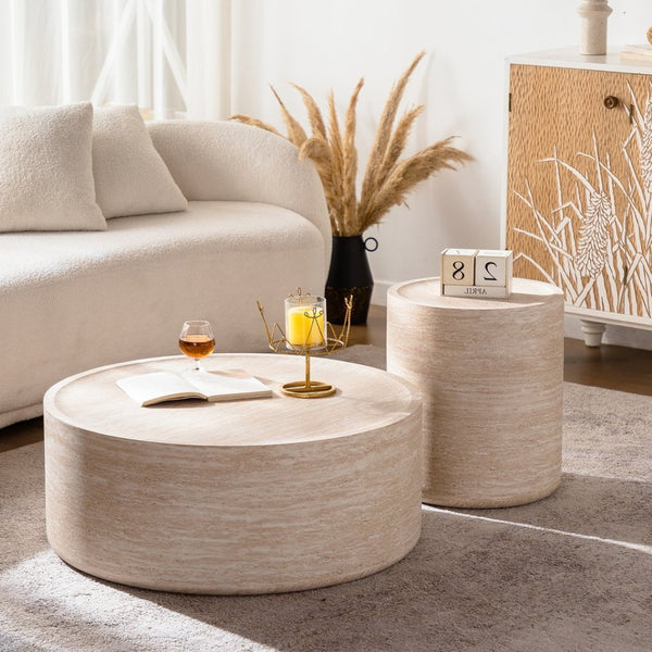 English Elm Round Amber Marble Texture Drum Side Table Compact Mdf Accent for Bedroom or Living Room W3081P255159