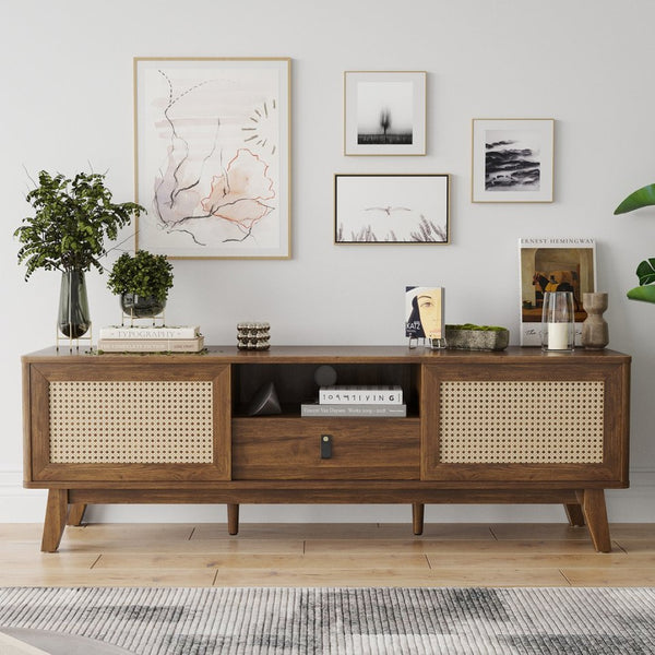 English Elm Rattan Mid Century Modern Tv Stand – Stylish Wood Media Console With Storage & Cable Management Solutions T3623P380543-GIGA