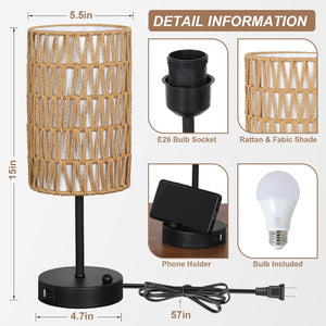 English Elm Touch Boho Table Lamp with Rattan & Linen Shade, 3-Level Dimmable Bedside Lamp w/ USB-C/A Port W2738P400638