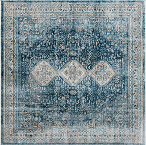 Unique Loom Newport Rosecliff Machine Made Border Rug Navy Blue, Ivory/Light Blue 8' 0" x 8' 0"