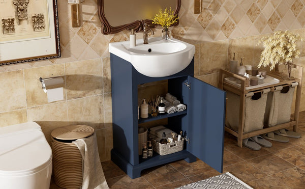 English Elm 20-inch French Style Freestanding Vanity Carved Wood Cabinet Soft Close Ceramic Basin Blue N710P330977C