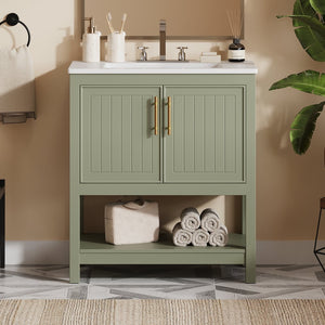 English Elm 30-Inch Green Bathroom Vanity With Ceramic Sink, Elegant Design, Smart Storage For Small Spaces WF325888AAF