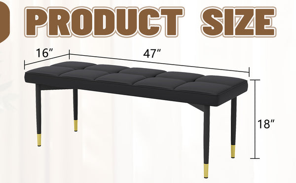 English Elm 47*16 Black Shoe Bench with Faux PU Cushion, Sturdy Metal Legs & Gold Accents — Versatile Seating for Entryway, Bedroom, Living Room (47-inch) W1151P214994