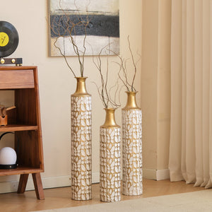 English Elm Floor Antique White Gold Metal Vases Set of 3 (32/28/24") — Tall Decorative Centerpieces for Entryway W2796P193594