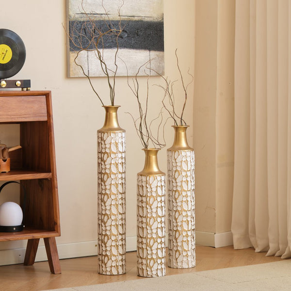 English Elm Floor Antique White Gold Metal Vases Set of 3 (32/28/24") — Tall Decorative Centerpieces for Entryway W2796P193594