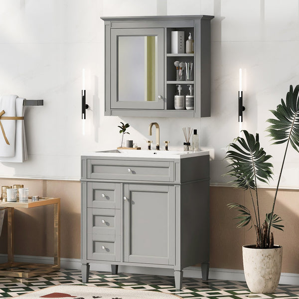 English Elm 30'' Modern Bathroom Vanity with Integrated Mirror Cabinet, Ceramic Sink, 3 Drawers & Ample Storage Grey SW000126AAE-1