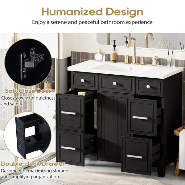 English Elm 36" Matte Black Shaker Vanity with Resin Sink Solid Wood 3 Drawer Soft Close SV000003AAB