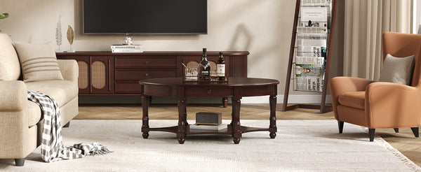 English Elm Vintage Oval Coffee Table With Drawer And Open Shelves, French Country Style Accent Table In Walnut N735P277388D-GIGA