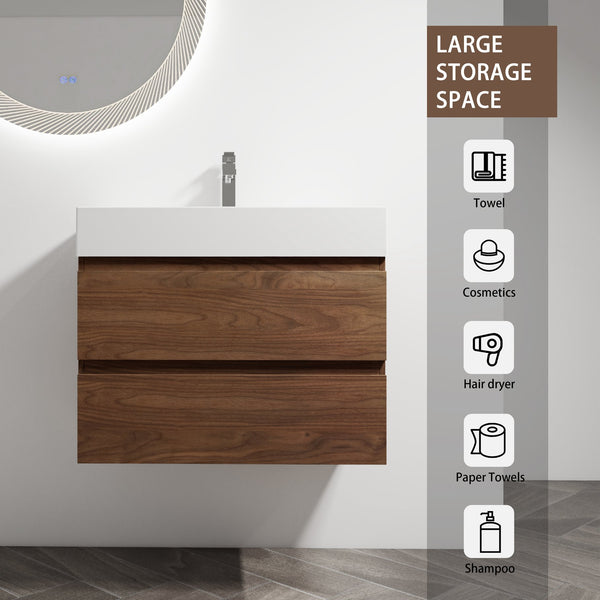 English Elm 30" Wall-Mounted Bathroom Vanity With Resin Sink, Soft-Close Drawers & Eco-Friendly Design Options W999S00200