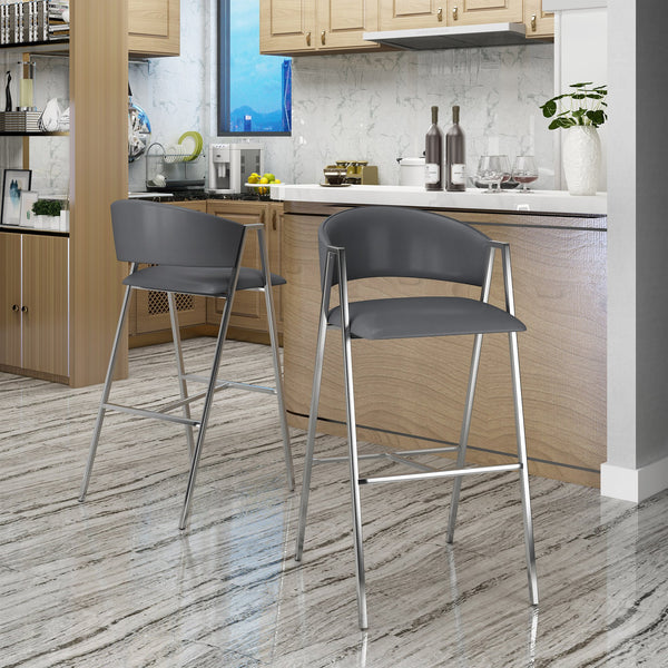 English Elm Christopher Knight Home® - BAR CHAIR MP2 Set of 2 Grey PU Mid-Century 28" Bar Stools with Padded Back, Chrome A-Frame Finish 61746.00GRY