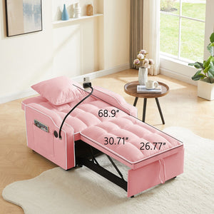 English Elm Sleeper Sofa Chair Velvet Convertible Armchair with Usb Charging for Small Spaces Pink W1359P458678